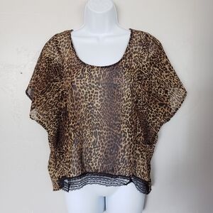Black Poppy XL Brown Black Leopard Print Blouse Chiffon Lace Trim Batwing Top